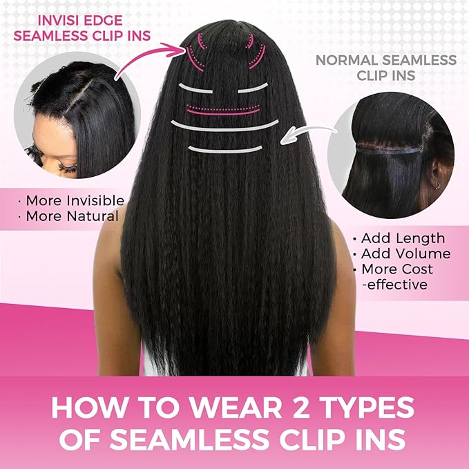 Lashey Invisi Edge & Seamless Clip in Hair Extensions Human Hair, 14 Inch 130g 9pcs(5pcs Invisi Edge& 4pcs Seamless) Real Virgin Human Hair Extensions, Natural Black Kinky Straight Hair