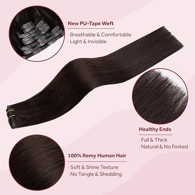 Clip in Hair Extensions Real Human Hair Dark Brown Seamless Clip In 100% Remy Hair Extensions PU Skin Weft Add Volume Thick&Invisible #2 18Inch 120G 8PCS