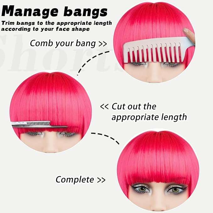 MAYSA Hot Pink Bob Wig with Bangs for Women Short Straight Bob Wigs 12in Synthetic Cosplay Halloween Party Neon Wigs # Hot Pink