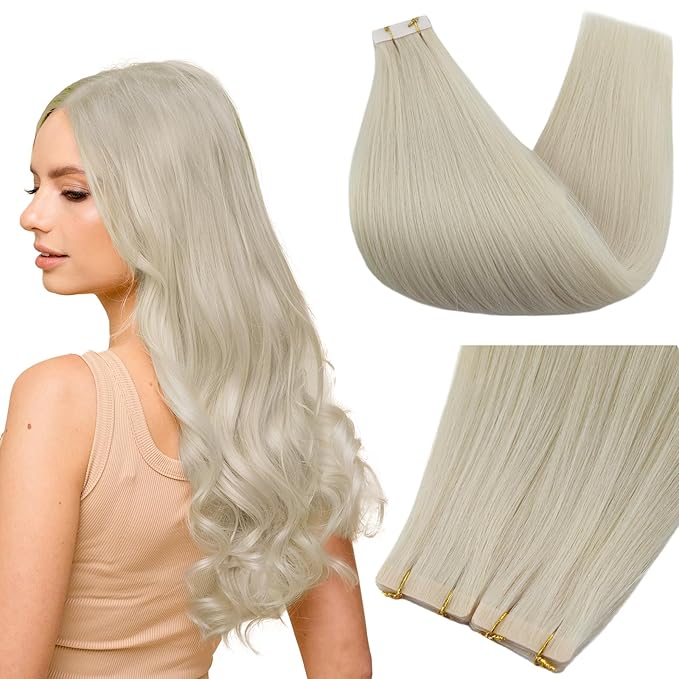 Full Shine Blonde Virgin Injected Tape in Hair Extensions 5Pcs Color 1000 Ice Blonde Seamless Skin Weft Machine Remy Tape in Extensions 24 Inch Hair Extensions Real Human Hair 12.5 Gram for Women