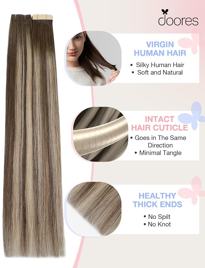 DOORES Invisi Edge Human Hair Tape in Extensions, Chocolate Brown to Honey Blonde 10 Injection Tape-ins with 10 Classic Tape-ins 50g 20 Inch, Injection Tape in Extensions Virgin Hair