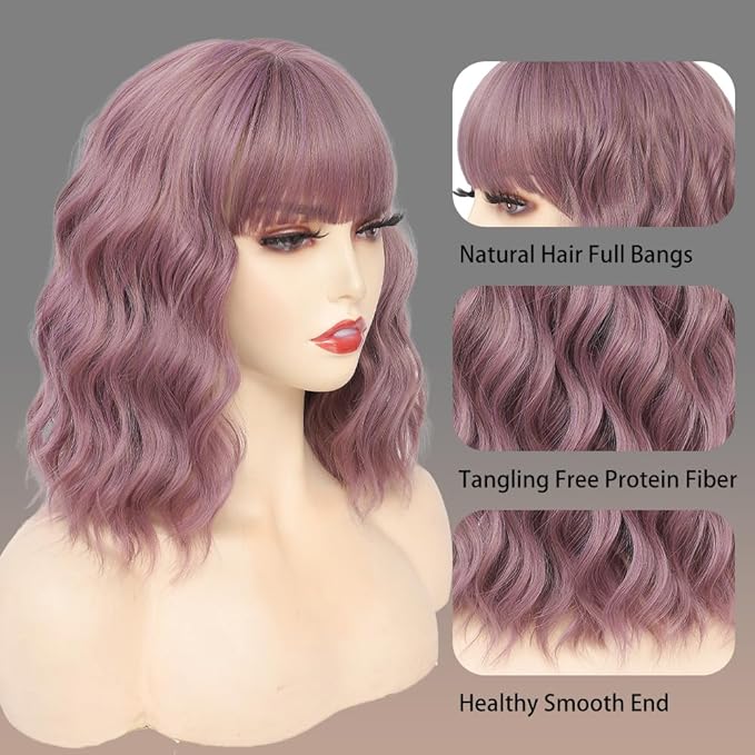 WAVE&BREEZE Short Purple Wigs with Bangs 14Inch Wavy Curly Bob Hair Wig for Women Shoulder Length Natural Looking Hair Replacement Wig for Daily Party Cosplay Costume Halloween