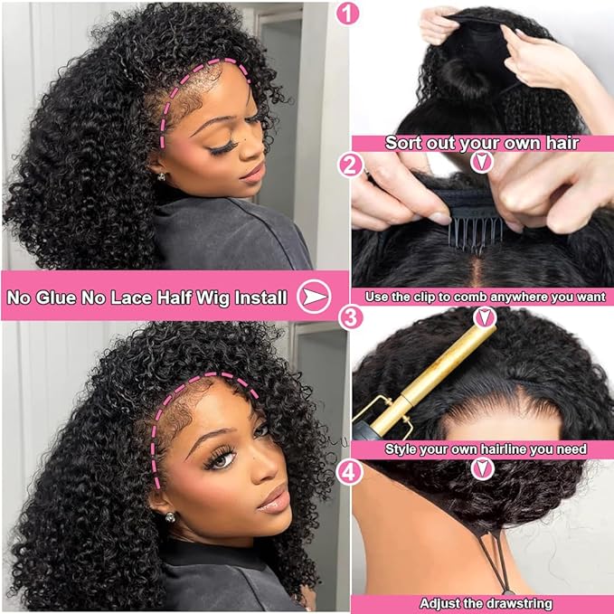18 Inch Kinky Curly Half Wig Human Hair Glueless Wear And Go 200 Density Upgrade 3 In 1 Seamless Flip Over Half Wigs Drawstring Curly Half Wigs For Women Headband Wig Beginner Friendly No Glue No Lace