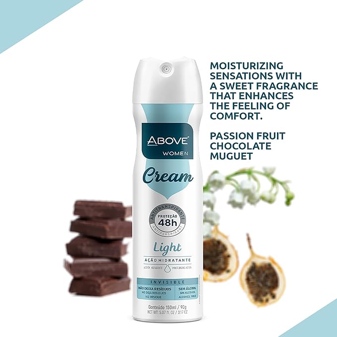 ABOVE Cream Light - 48 Hours Antiperspirant Deodorant for Women - Notes of Passion Fruit - Dry Spray Protects Against Sweat and Body Odor - Delivers Moisturizing Sensations - Alcohol Free - 3.17 oz