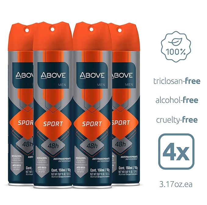 ABOVE 48 Hours Antiperspirant Deodorant, Sport, 4 Pc - Dry Spray Deodorant for Men - Floral Scent - Antiperspirant Spray - No Stain - Cruelty-Free