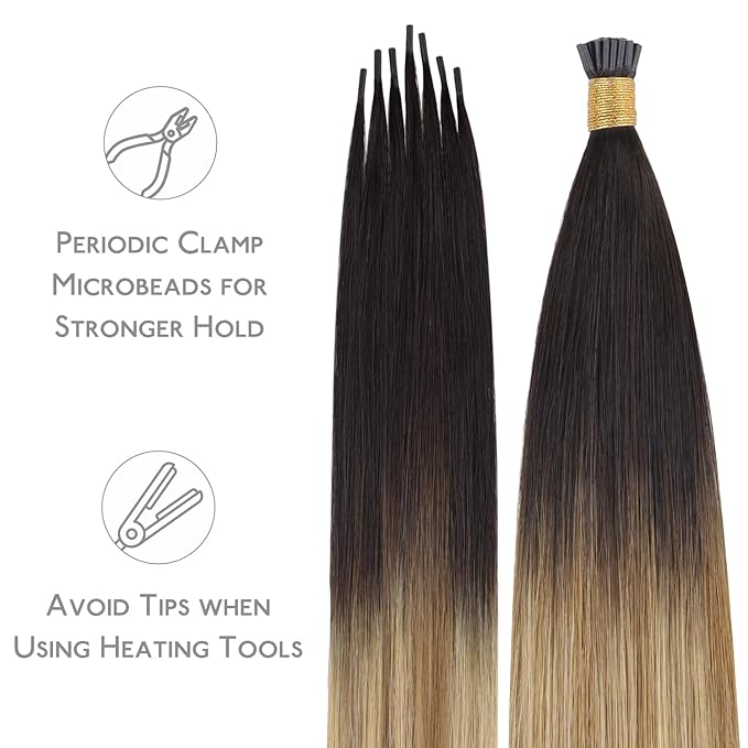 WENNALIFE I Tip Hair Extensions Human Hair, 50g 100s 16 Inch Dark Brown to Chestnut Brown and Dirty Blonde Highlighted Remy Itip Human Hair Extensions Invisible Itips Straight I Tips Fusion Extensions
