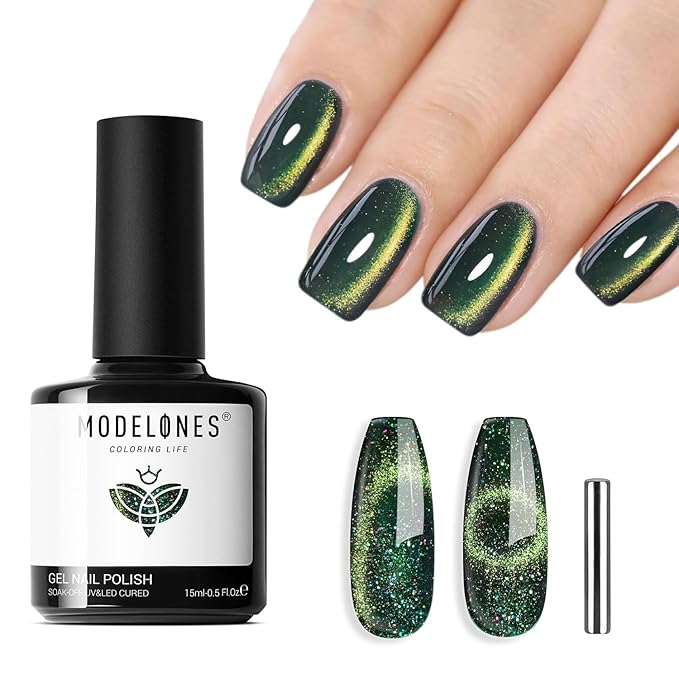 modelones Cat Eye Gel Nail Polish Green Gel Nail Polish Sparkle Reflective Shimmer Glitter Green Christmas Polish 9D with Magnetic Soak Off LED Nail Art DIY 15 ML