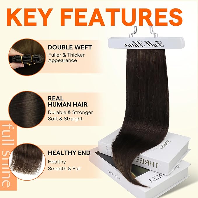 Full Shine Sew In Hair Extensions Real Human Hair 22 Inch Weft Extensions Real Remy Hair Color 2 Dark Brown Double Weft Full Head Straight Hair Weaves 105 Grams Hair Weft Bundles Straight Hair