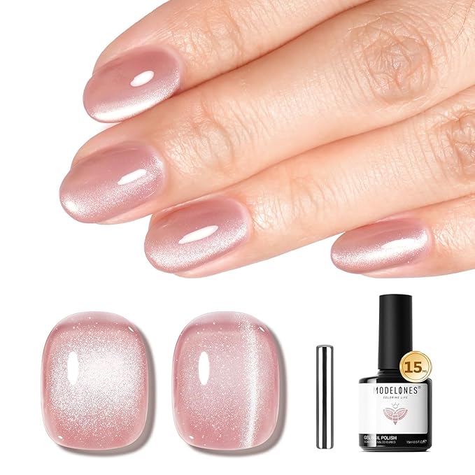 modelones Cat Eye Gel Nail Polish Pink 9D Cateye with Magnet Shimmer Soak Off Reflective Translucent Gel Magnetic Top Coat Nail Polish for Women Girl 15 ML