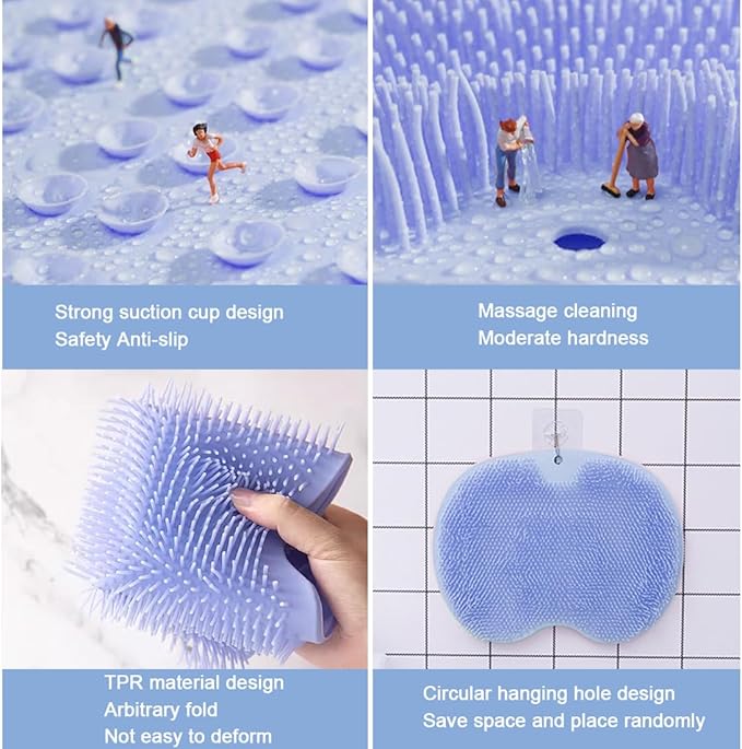 1 Pcs Shower Back & Foot Scrubber, Wall Mounted Back Scrubber Silicone Bath Massage Cushion Brush with Suction Cups, Bathroom Wash Mat Exfoliating Dead Skin Brush (L-Grey)