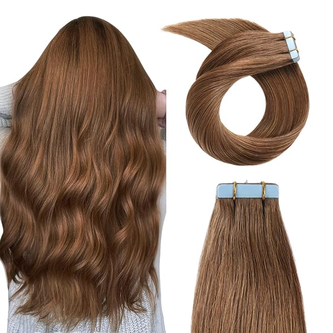 YILITE Human Hair Extensions 18 inches 20pcs 50g Silky Straight Real Human Hair Tape in #6 Chestnut Brown
