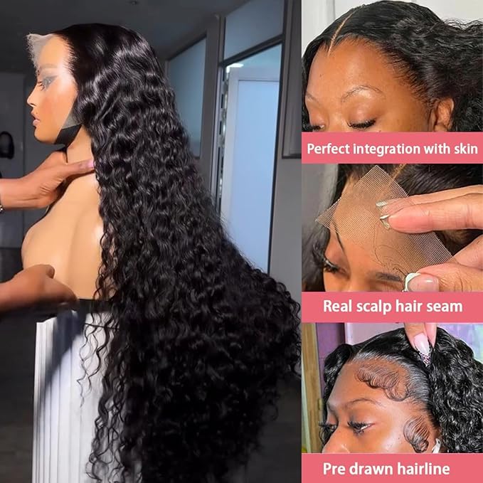 Dianthe 13x6 Deep Wave Lace Front Wigs Human Hair 20 Inch Deep Curly Human Hair Wig- Pre Plucked, 180% Density, Glueless, Natural color