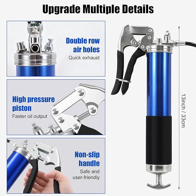 Heavy Duty Grease Gun Kit, 8000 PSI Pistol Grip Grease Gun, 14 oz Capacity, Includes case, 11&18 Inch Resin Flex Hose, 2 Basic Coupler, 1 Double Handle Coupler and more accessories for grease uses