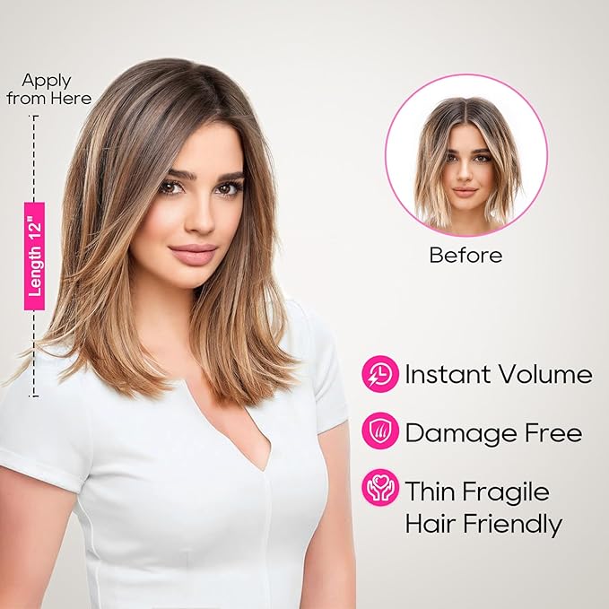 REECHO 12" Invisible Wire Hair Extensions with Thinner Softer Lace Weft Adjustable Size Removable Secure Clips in Short Straight Secret Hairpiece for Women - Medium Brown with Blonde Highlights