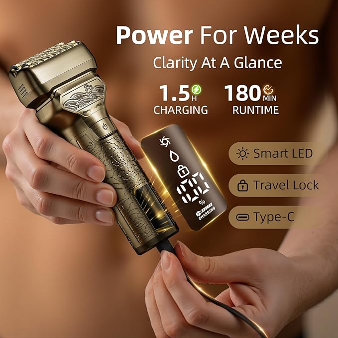 Electric Razor for Men Face: Rechargeable Foil Shaver with Push-Up Trimmer - Cordless Wet/Dry/Anti-Slip Waterproof Shavers with LED Display - Metal Handheld Design Gold