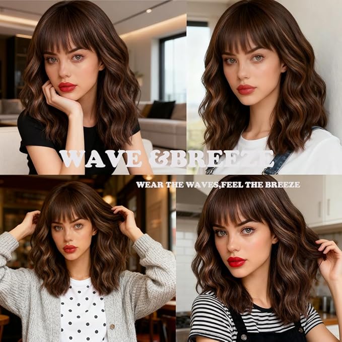 WAVE&BREEZE Short Brown Highlight Blonde Wigs with Bangs 14Inch Blonde Curly Bob Wig for Women Shoulder Length Natural Looking Hair Replacement Wig for Daily Party Use Cosplay Costume Halloween Wig