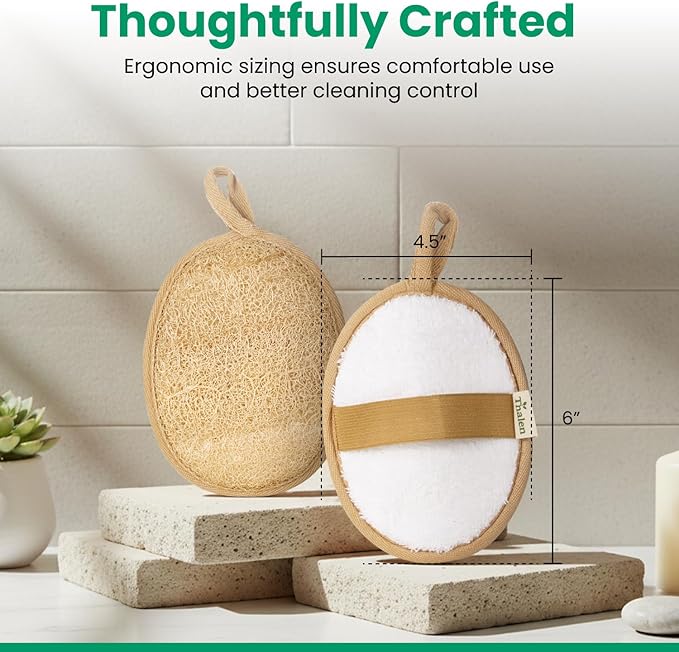 Thalen Natural Loofah Exfoliating Scrubber Body and Face - 3-Pack | Plastic-Free Loofah, No PFAS, Bath Sponge for Women, Shower Scrubber Exfoliator, Face Scrubber for Smooth Skin - Brown Cedar