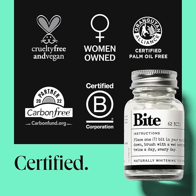 Bite Whitening Toothpaste Tablets (2 Months) – Fluoride Free, Nano Hydroxyapatite + Xylitol, Mint – Vegan, Cruelty-Free, Made in USA, Sensitive Teeth, Travel Size, Adults & Kids, (2 Bottles, 124 Tabs)