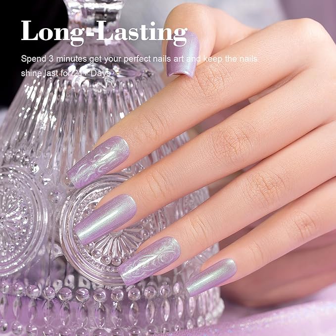 RARJSM Pearl Gel Nail Polish,15ML Lilac Purple Pearlescent Gel Polish,Shell Glitter Gel Polish Green Shimmer Mermaid Nail Gel Polish Soak Off LED UV Drawing Swirl Thread Effect for DIY Manicure Use