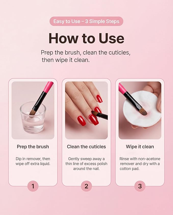 3PCS Nail Clean-Up Brushes, Round/Angled/Flat, Acetone-Resistant Cuticle Polish Remover for Nail Art & Manicures（Rose Red）