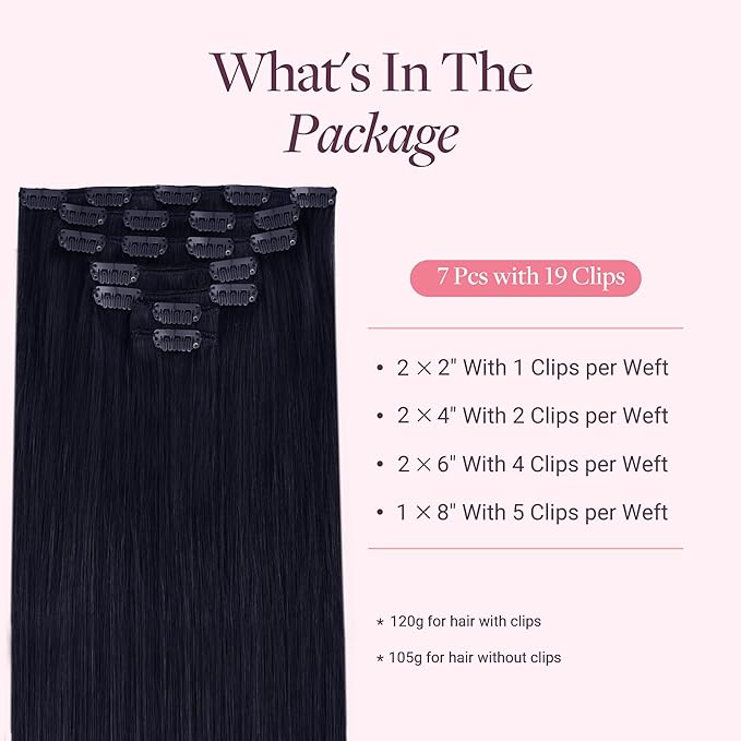 GOO GOO Clip in Hair Extensions Real Human Hair, Remy Human Hair Extensions Clip ins for Women, Natural Human Hair, 18inch 120g 7 Pcs, #1G Blue Black