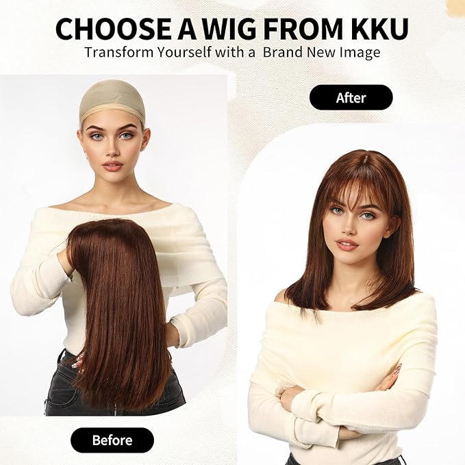 KKU 16 Inch Gradient Blonde Human Hair Wigs for Women,Layered Straight Human Hair Wig with Bangs, Wear Natural Realism for Daily Use