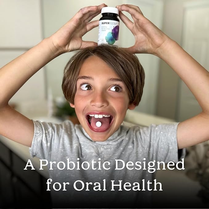 SuperTeeth Oral Probiotic for Kids & Adults | Supports Healthy Teeth, Gums, & Oral Health | Freshens Bad Breath & Fights Cavities with BLIS M18 & Lactobacillus Reuteri | 60 Mint Chewable Tablets