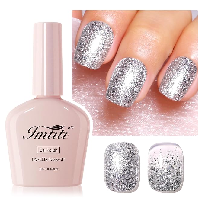 Imtiti Glitter Silver Gel Nail Polish, 1Pcs Starlight Sparkle Silver Soak Off UV LED Gel Polish, Nail Art Starter Manicure Salon DIY at Home for Women (0.34 Fl Oz-1934)