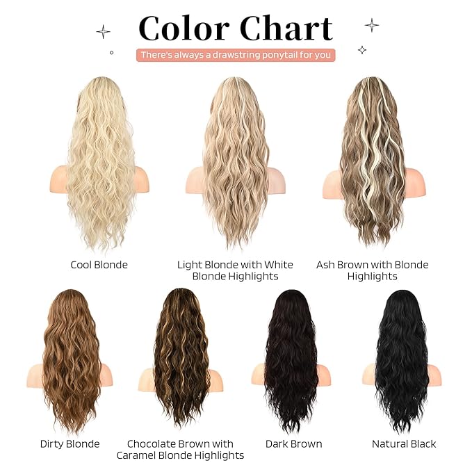 Flufymooz Ponytail Extension, 22 Inch Drawstring Ponytail Hair Extensions for Women， Long Curly Wavy Pony Tail Natural Wavy Synthetic Hairpiece for Women Daily Use party (22 Inch Dirty Blonde)