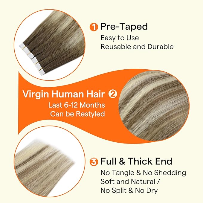 Full Shine Virgin Tape in Extensions 12Inch Color 8/8/613 Remy Invisible Tape in Hair Extension Double Sided Seamless Skin Weft Real Human Hair Straight 20 PCS 30 Gram for Woman Add Volume Natural
