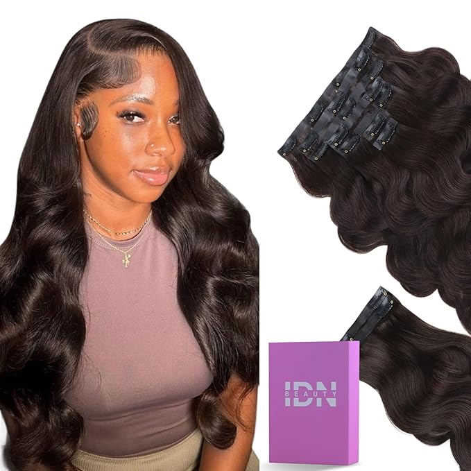 IDN BEAUTY Seamless Clip In Hair Extensions Human Hair 130g Dark Brown Real Remy Virgin Human Hair Seamless Clip Ins For Black Women PU Weft Invisible Edge Thick Soft BW 14 Inches 9Pcs