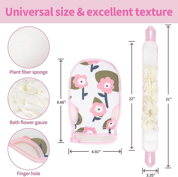 Deep Exfoliating Glove for Shower 2PCS: 1 Double-Sided Mitt, 1 Extra Long Exfoliating Washcloth - Extreme Body & Back Scrubber for Shower, Massage Scrub Exfoliator & Bath Loofah Sponge (Pink)