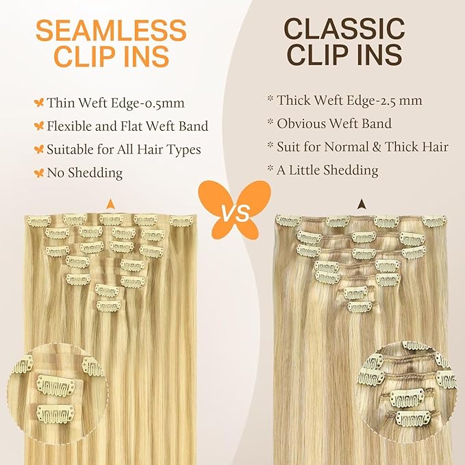 DOORES Human Hair Clip in Extensions, DirtyBlonde Highlight Golden Blonde 22 Inch 110g 7pcs, Seamless Clip in Hair Extensions Real Human Hair Remy Straight Skin Weft Invisi Edge Hair Extensions