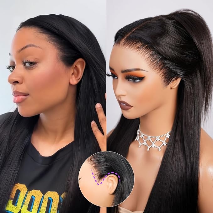 Drawstring Glueless 13x6 Lace Front Wigs Human Hair Pre Plucked Pre Cut Ear-To-Ear HD Frontal Glueless Wig 220% Density Pre Bleached Straight Wigs Human Hair 18 Inch