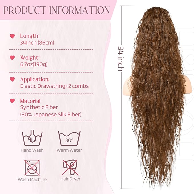 HOOJIH Ponytail Extension, 34 Inch Extra Long Drawstring Ponytail Clip in Pony Tails Hair Extension Flurry Wavy Ponytails Soft Upgraded Synthetic Fiber Fake Ponytail - Chocolate Brown