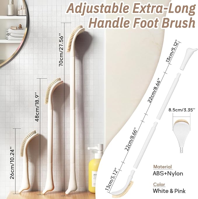 New Foot Brush & Foot File Set(2PCS), 3-in-1 Foot Scrubber in Shower, 10.2’’-27.5’’Adjustable Long Handle Foot Scrub Brush and Upgrade Foot File Callus Remover, Gift-Box Packed(White Set)