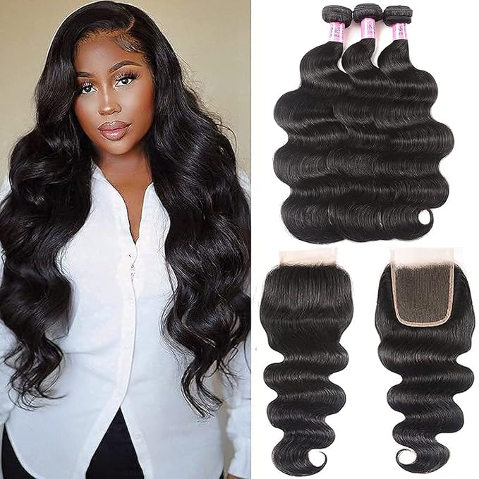 UNice Hair Icenu Series Hair Brazilian Virgin Human Hair Body Wave 3 Bundles with Closure 100% Real Unprocessed human Virgin Hair Extensions Natural Color (14 16 18+14 Closure)