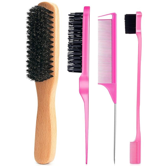 Boar Bristle Slick Back Hair Brush for Smooth Flyaways, Frizz, Sleek Ponytail, Buns and Edge Baby Hair, Teasing | Hair Comb, Edge Brush, Teasing Brush Styling Accessories for Girls, Kids, Women & Men