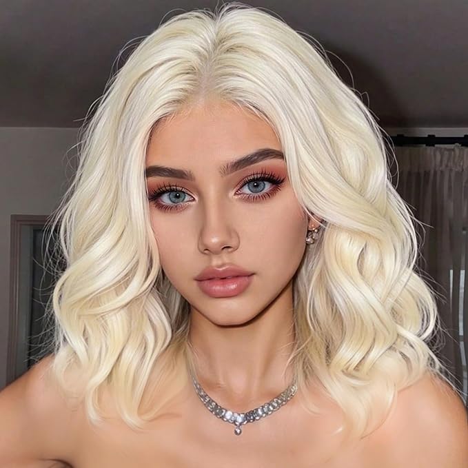 AISI HAIR 14 Inch Platinum Wigs for Women - Shoulder Length Wave Wig with Pre-Cut Lace Hairline, Middle Part Natural Wavy Bob Synthetic Heat Resistant Fiber for Daily and Party