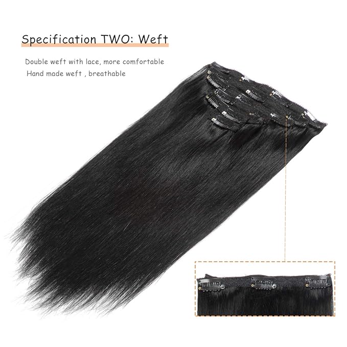 Caliee Clip in Hair Extensions Human Hair 14Inch Color 1 Jet Balck Double Weft Invisible Real Hair Clip in Human Hair Extensions Invisible Lace Straight Soft Hair 120G 7Pcs