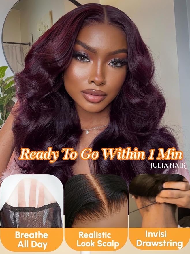 Julia Hair Black Cherry Loose Wave Wig 13x4 HD Lace Frontal Pre-Everything Drawstring Wigs Put on and Go Glueless Body Wave with Face Framing Bangs Pre Plucked Pre Cut Bleached Knots for Women 18 Inch