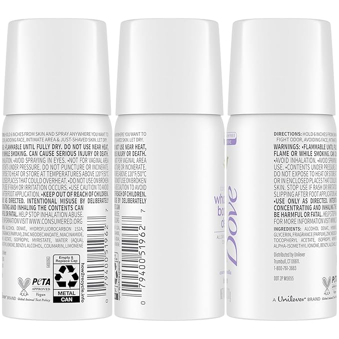 Dove Whole Body Deo Spray, Coconut & Vanilla 6-Pack – Travel-Size Deodorant for Women, 72H Protection, Sensitive Formula, 1.1 Oz Ea
