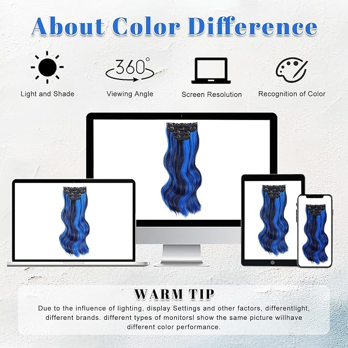 Vigorous Clip in Long Wavy Synthetic Hair Extension 4PCS Blue Black Highlights Hair Extensions 20Inch Easy to Install for Daily Use and Event Party Use
