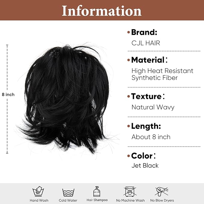 CJL HAIR Claw Clip Short Ponytail Hair Extensions DIY Bendable Metals Messy Bun Hair Piece for Wonen Straight Synthetic Fake Hairpieces Jet Black
