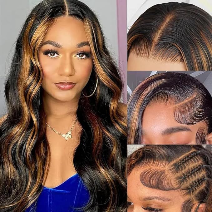 34Inch 13x6 Highlight Body Wave Lace Front Wig Human Hair Pre Plucked 180% Density 1B/30 Ombre Frontal Wigs Brazilian Virgin Human Hair Wigs for Women Pre Plucked with Baby Hair