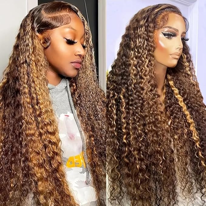 13x4 HD Lace Front Wigs Human Hair 4/27 Deep Wave Wigs for Black Women Ombre Honey Blonde Curly Lace Frontal Wig Human Hair Pre Plucked 180% Density with Baby Hair (30 Inch)