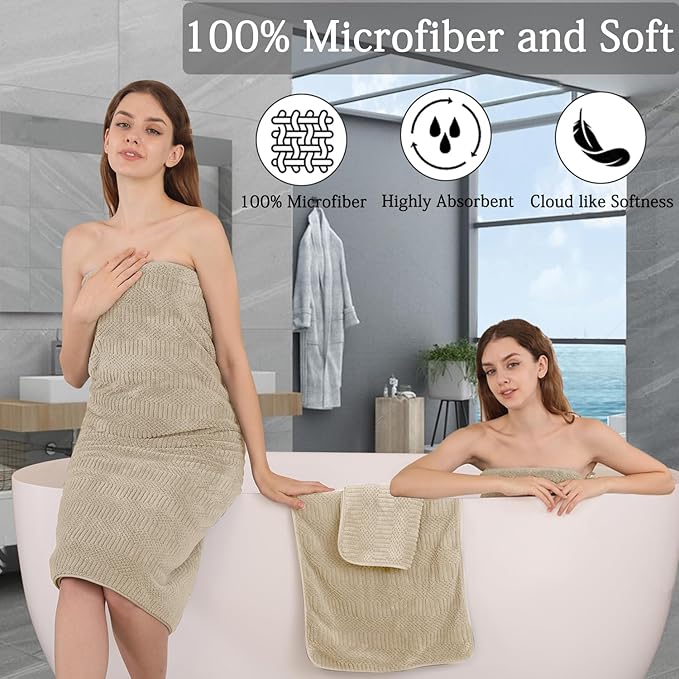 8 Piece Bath Towel Set-2 Oversized Bath Sheets(35"x70"),2 Hand Towels,4 Washcloths-Extra Large Microfiber Towel Sets,Less Lint Highly Absorbent & Quick Dry Bath Towels for Bathroom Gym Pool,Camel