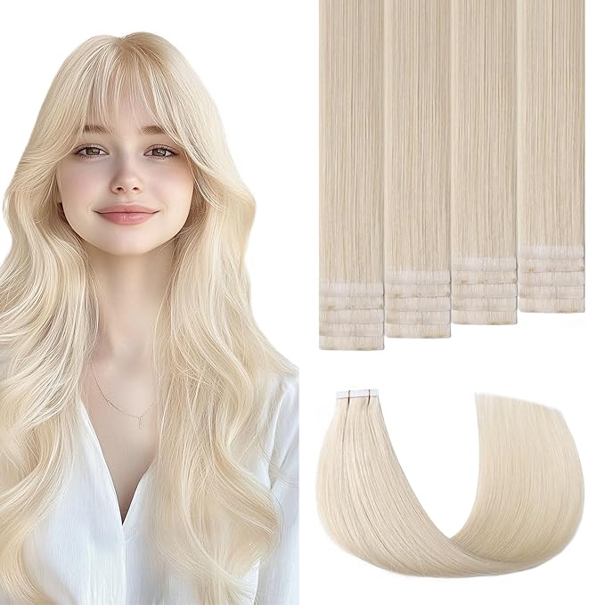 Invisible Tape in Hair Extensions Real Human Hair 3rd-Generation #60 Platinum Blonde 20pcs 50g 22inch Insert Hand-Tied Invisi Edge Tape ins Extensions 3rd-Generation（#60-22inch）