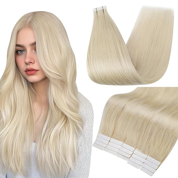 Full Shine Tape in Hair Extensions 20 Inch Natural Double Sided Tape Ins Human Hair Extensions Color 60 Platinum Blonde Seamless Remy Extensions for Women Real Hair 50grams 20PCS Add Length