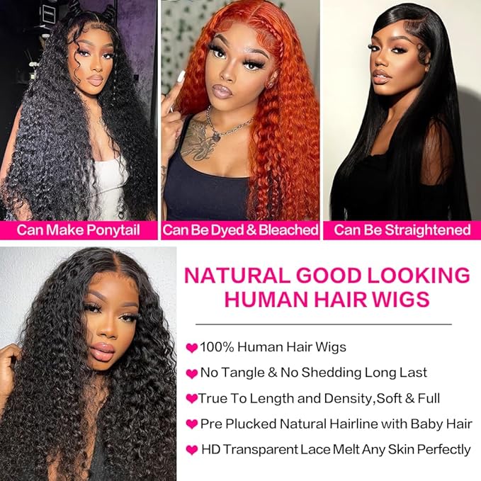 Deep Wave Human Hair Lace Front Wigs 200% Density 13x6 HD Transparent Lace Front Wigs Human Hair Glueless Wigs Human Hair Pre Plucked Deep Curly Human Hair Wig for Black Women 24 Inch